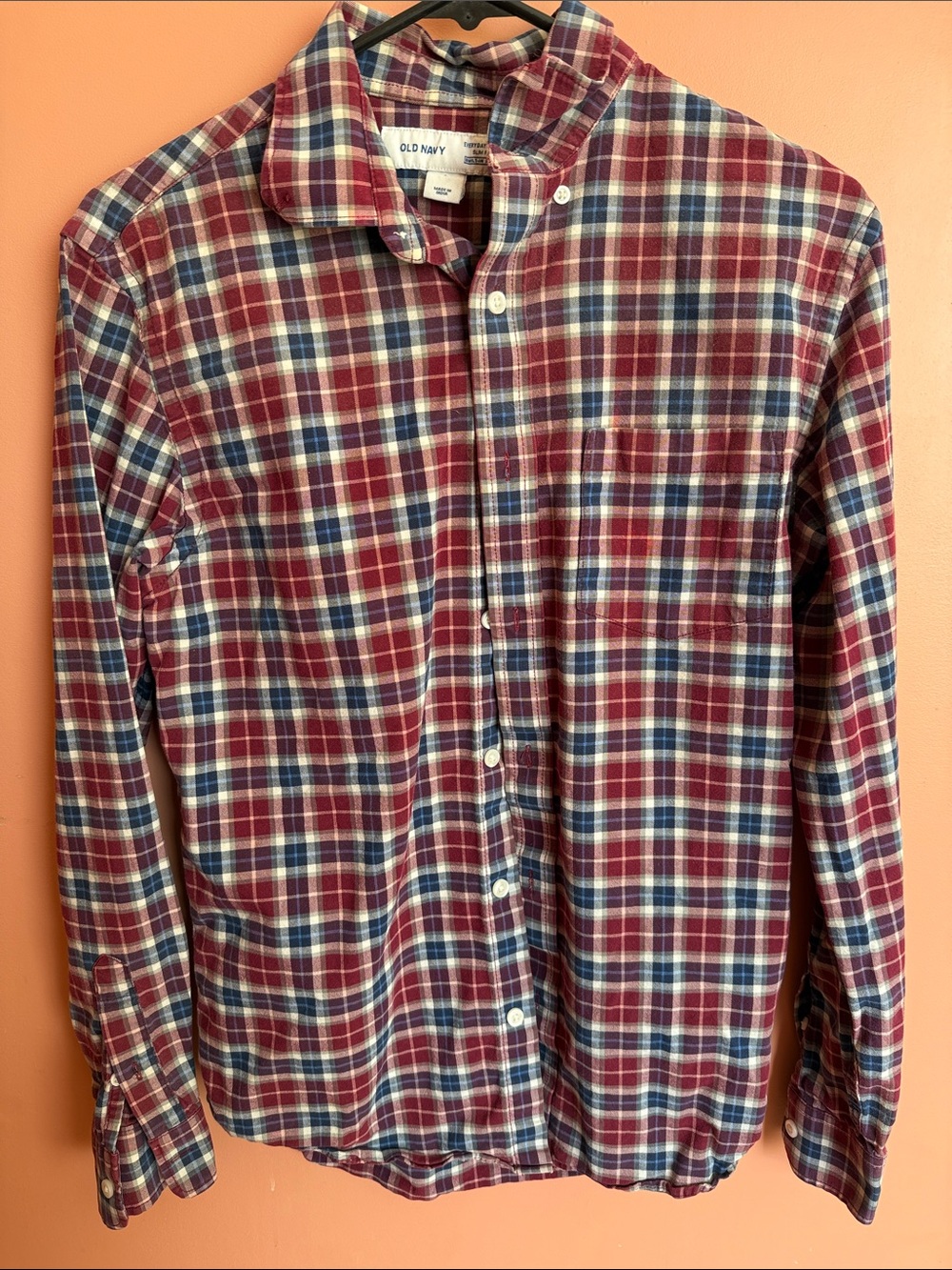 Old Navy Men's Burgundy, Blue & White Plaid Button-Down Shirt